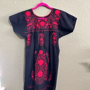 Black Dress with Hot Pink Floral Embroidery - Women's Casual Shift